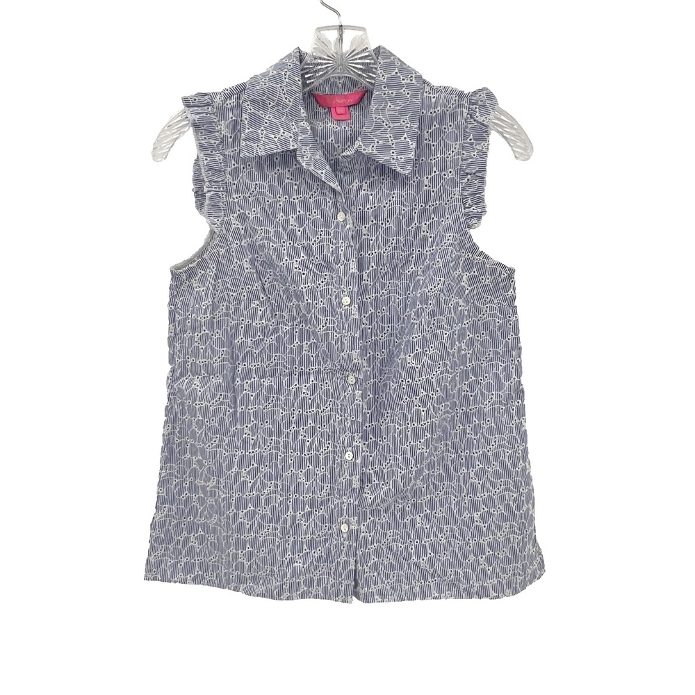 LILLY PULITZER Sz 00 Blue Striped Eyelets Sleeveless Ruffled Button-Up Shirt Top